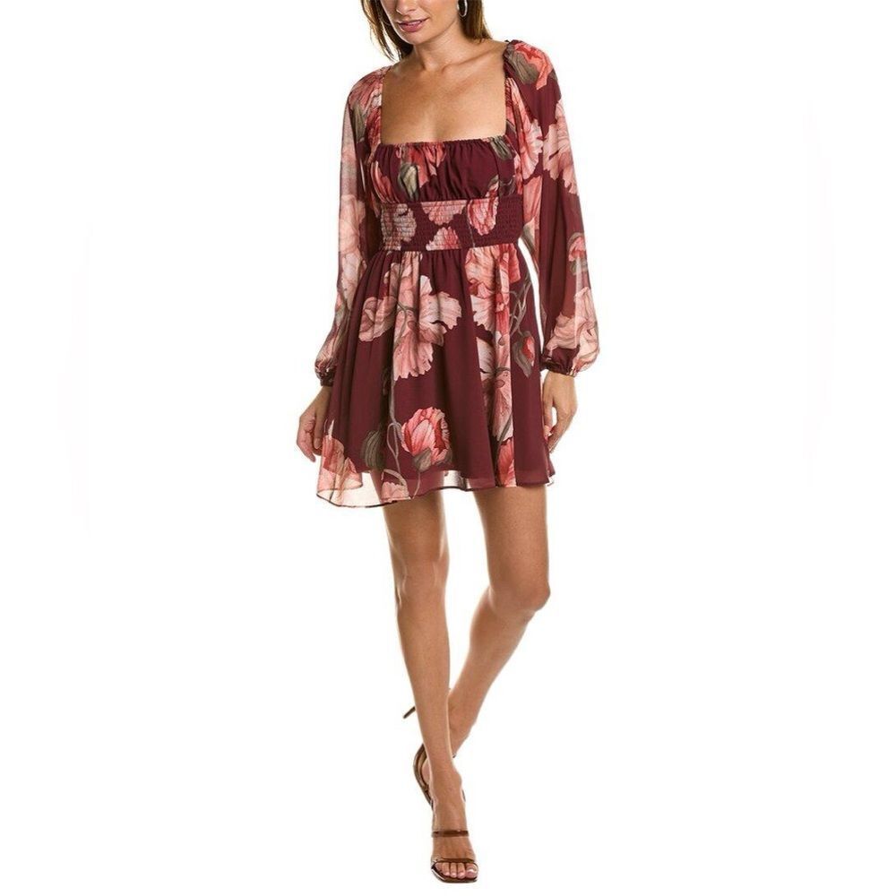 NEW Hutch Bertie Maroon Floral Balloon Sleeve Smocked Waist Mini Dress Size M